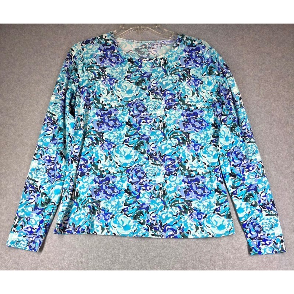 Lands End Women Blue Floral Rose Print Long Sleeve Crew Neck Top Small 6-8